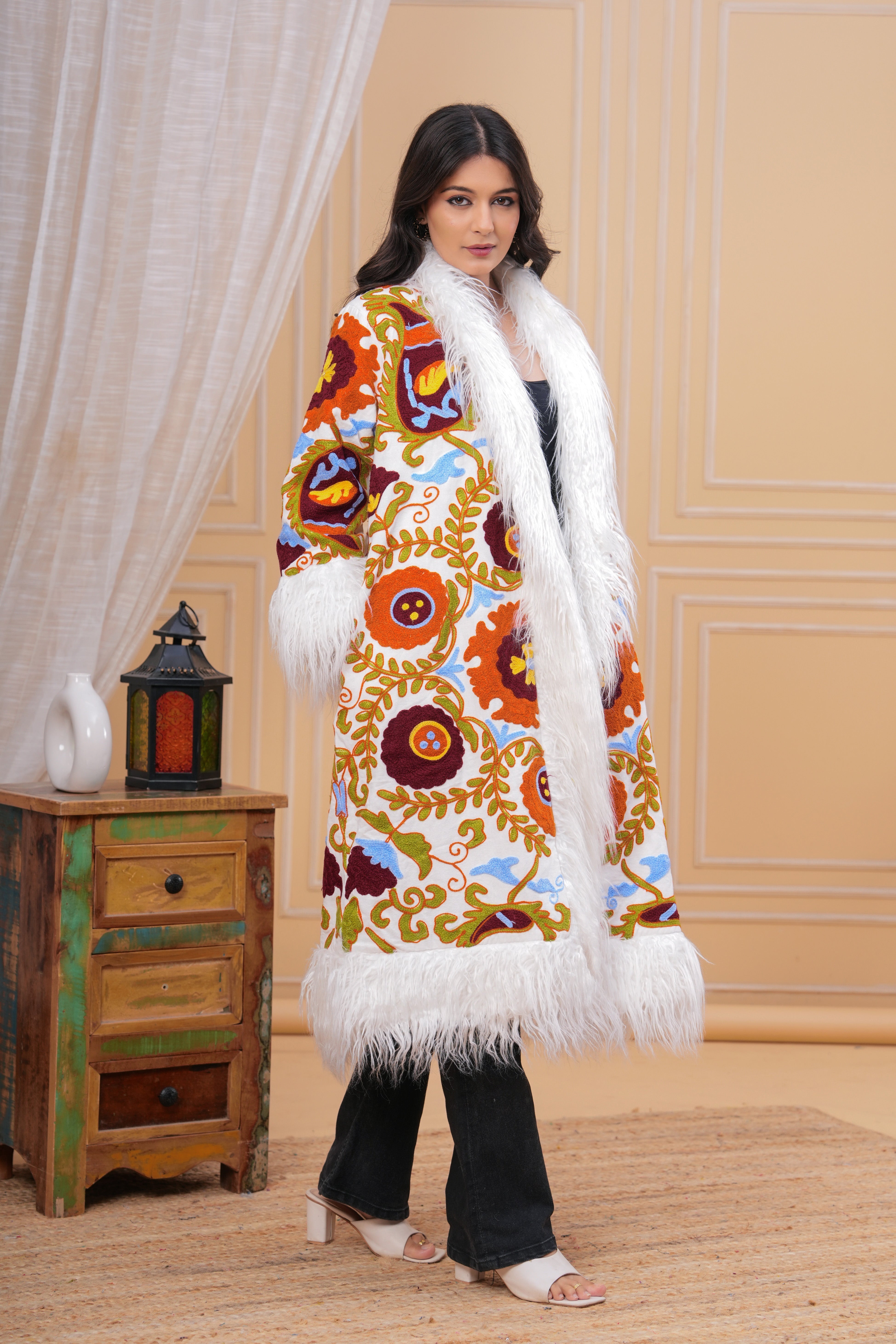 Handmade Sujani Embroidered Jacket with Fur - Floral Festival Coat