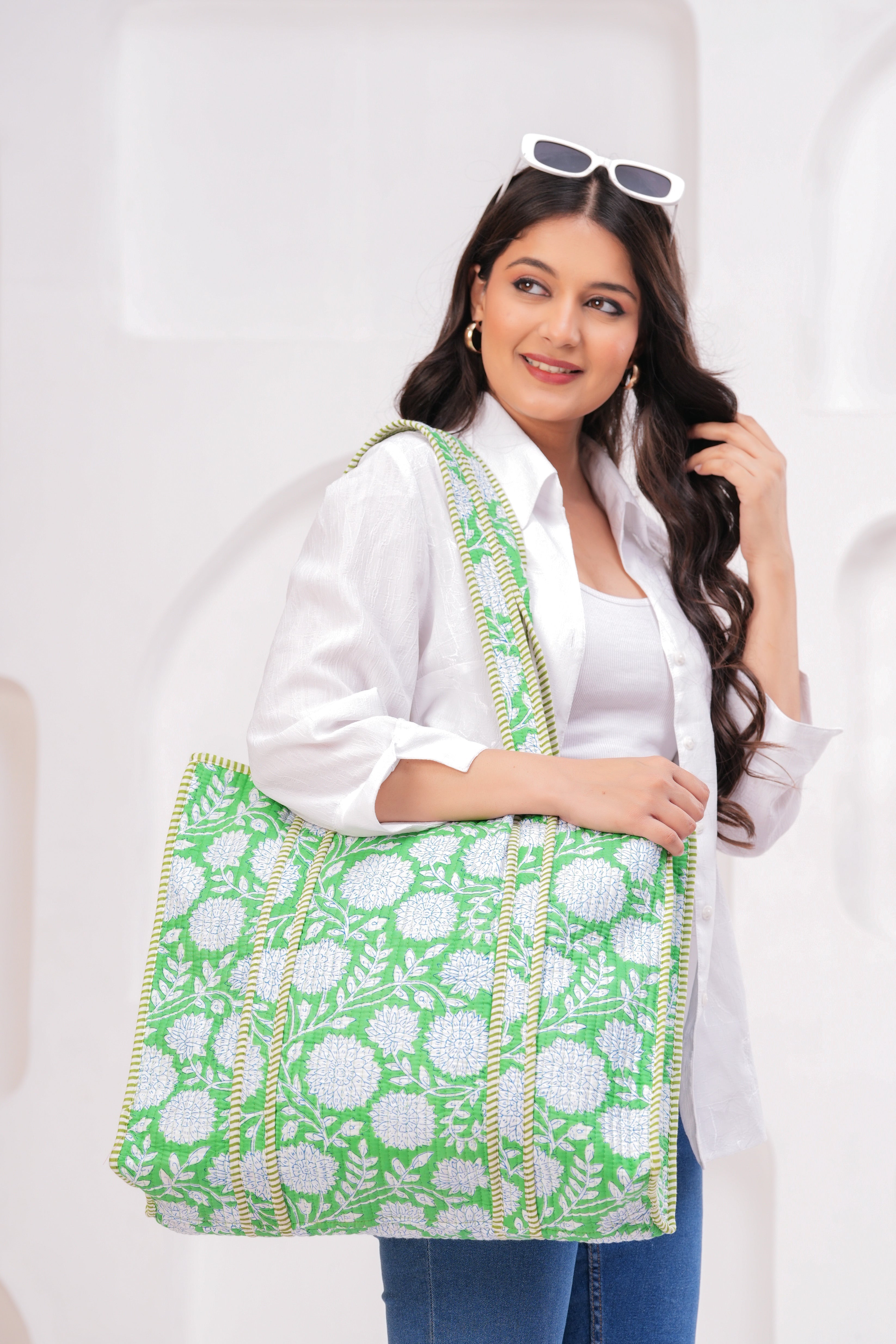 Green & White Quilted Cotton Tote Bag | Handmade Floral Print Shoulder Bag | Eco-Friendly Round Handle Purse for Daily Use