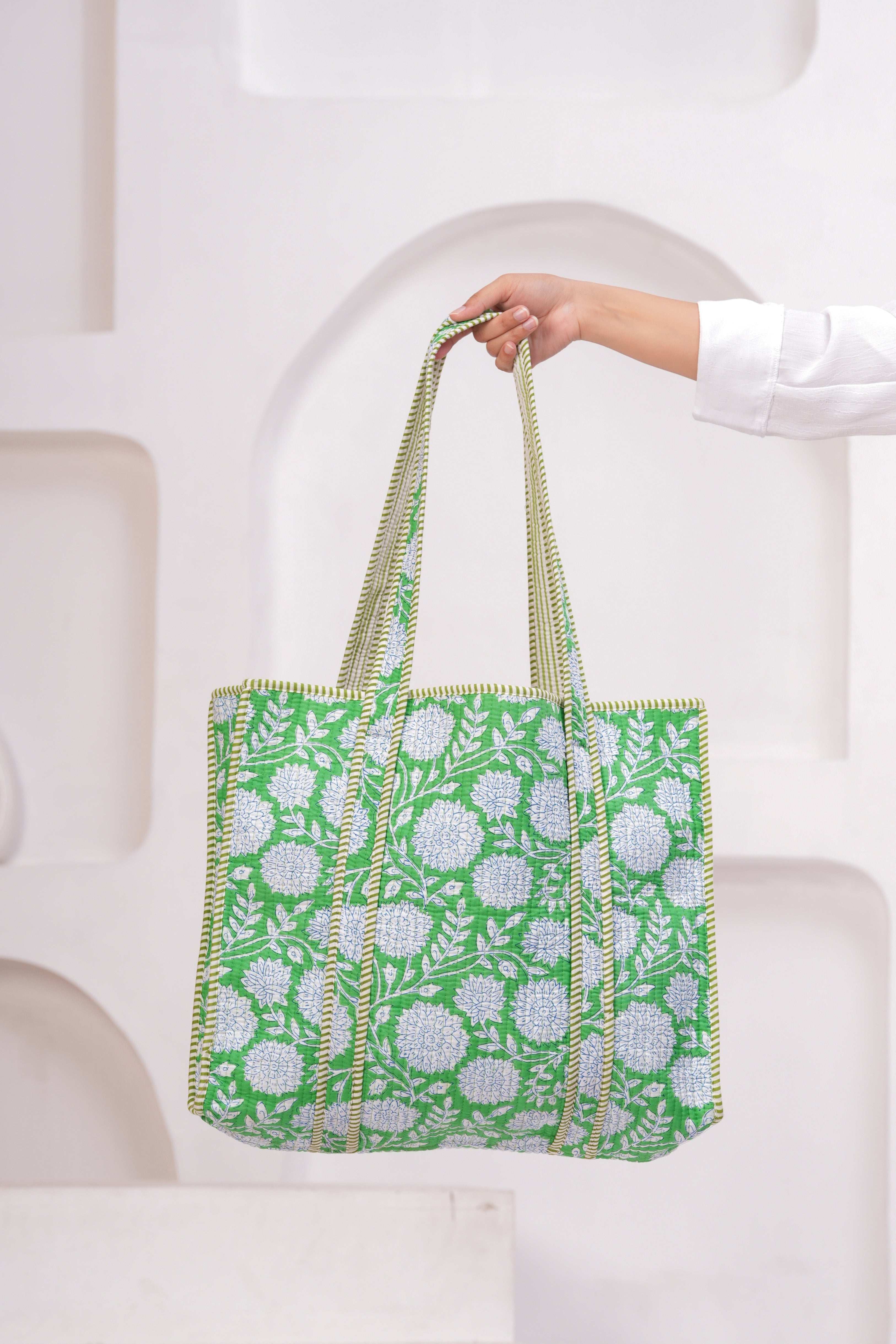 Green & White Quilted Cotton Tote Bag | Handmade Floral Print Shoulder Bag | Eco-Friendly Round Handle Purse for Daily Use