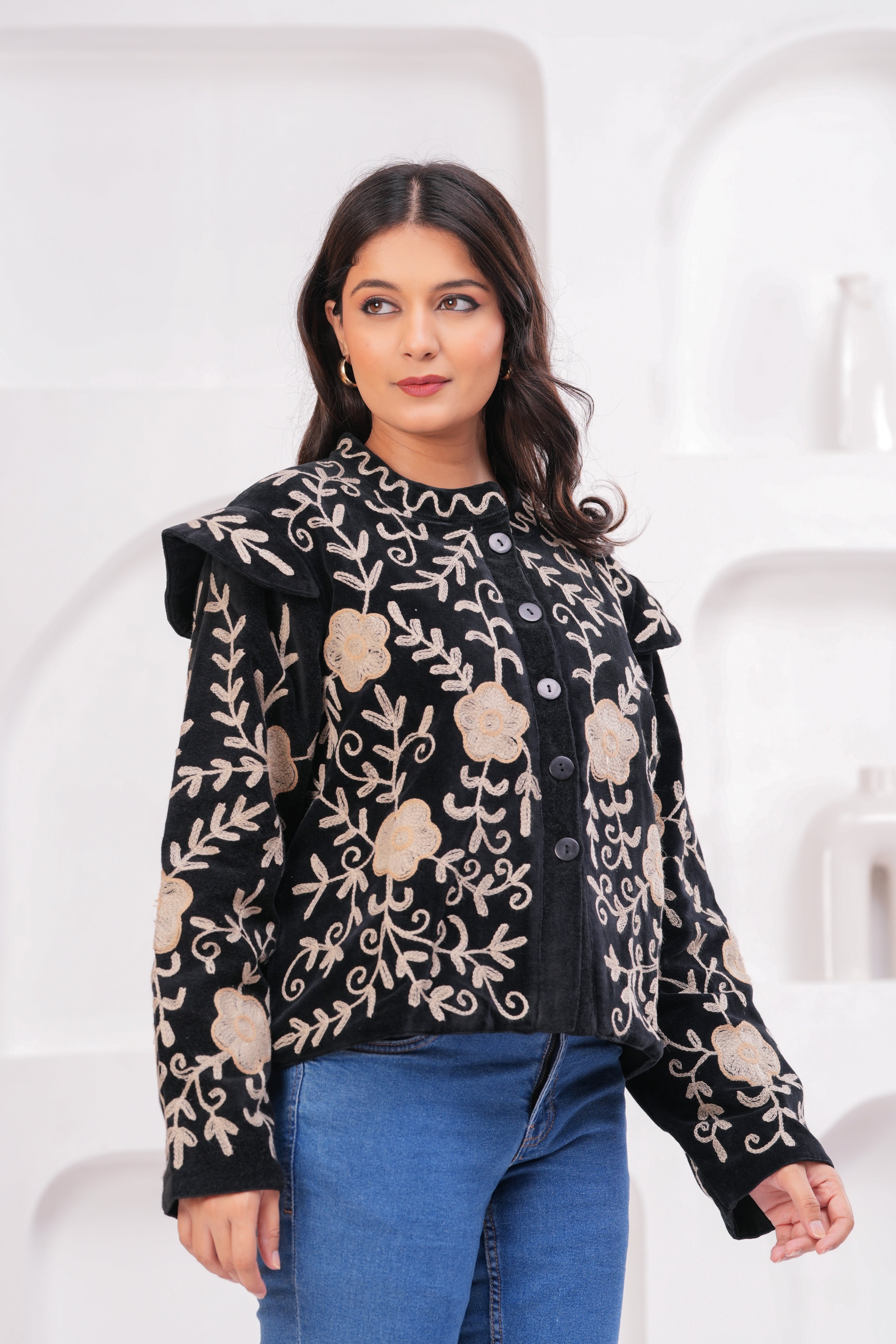 Floral Quilted Cotton Jacket: Black & White