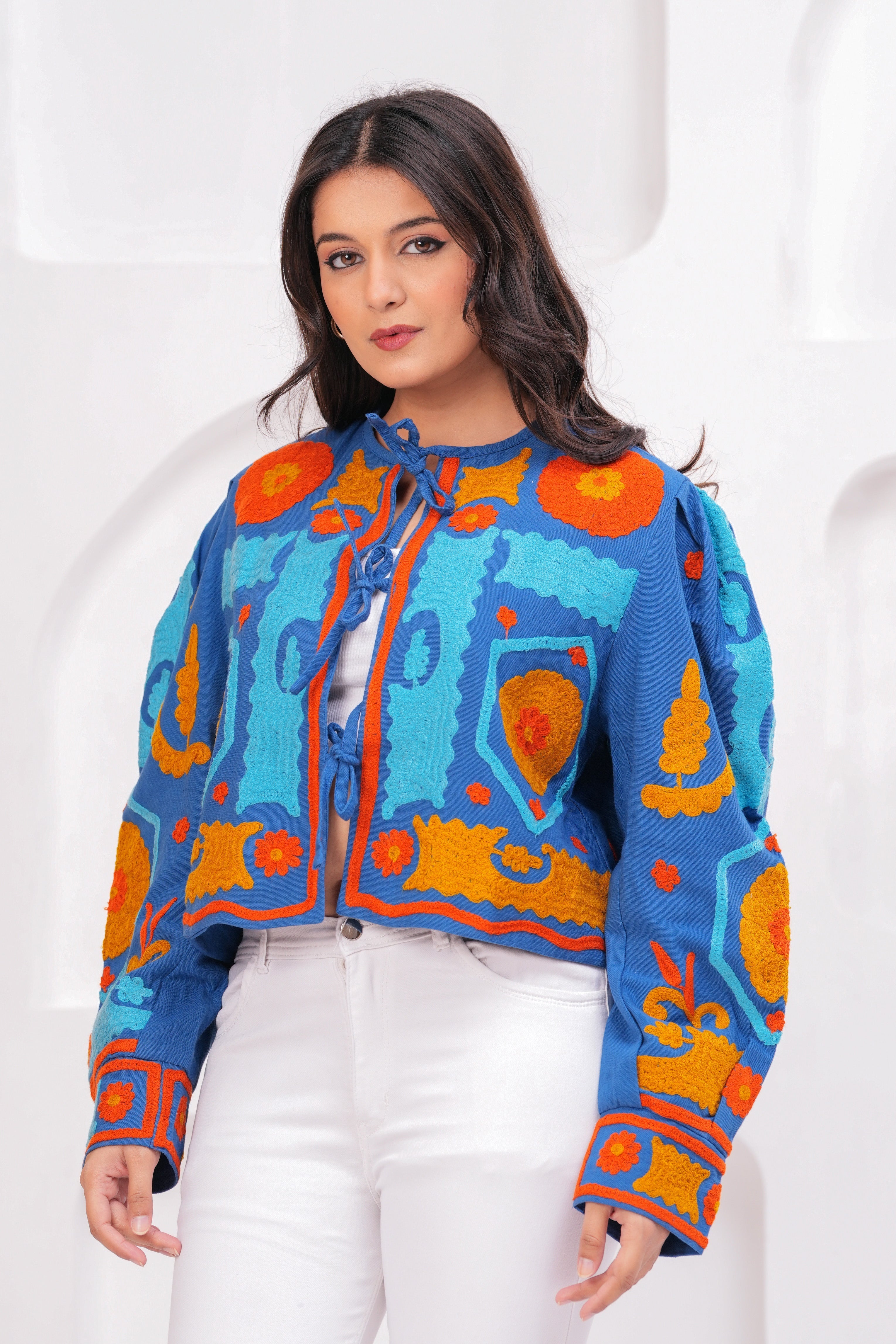 Hand Printed Quilted Cotton Jacket: Blue Floral Jacket