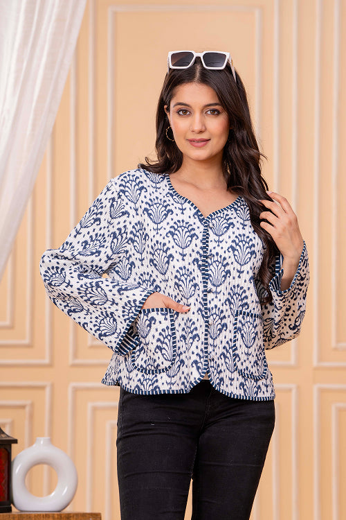 Blue Women Wear printed Cotton Jacket