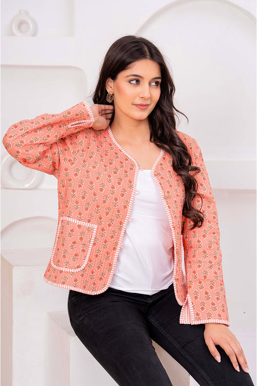 Indian Handmade Peach Floral Print Cotton Jacket