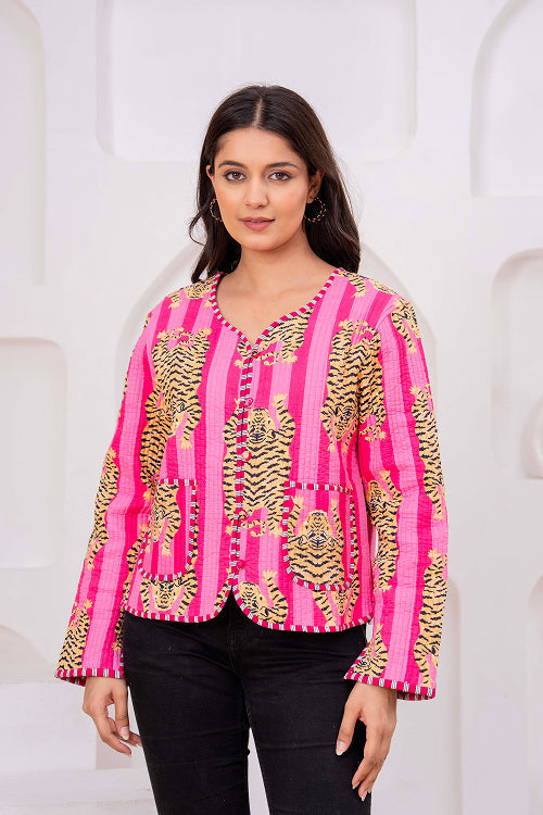 Pink Cotton Reversible Light Weight Quilted Short Jacket