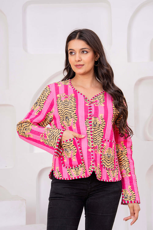 Pink Cotton Reversible Light Weight Quilted Short Jacket