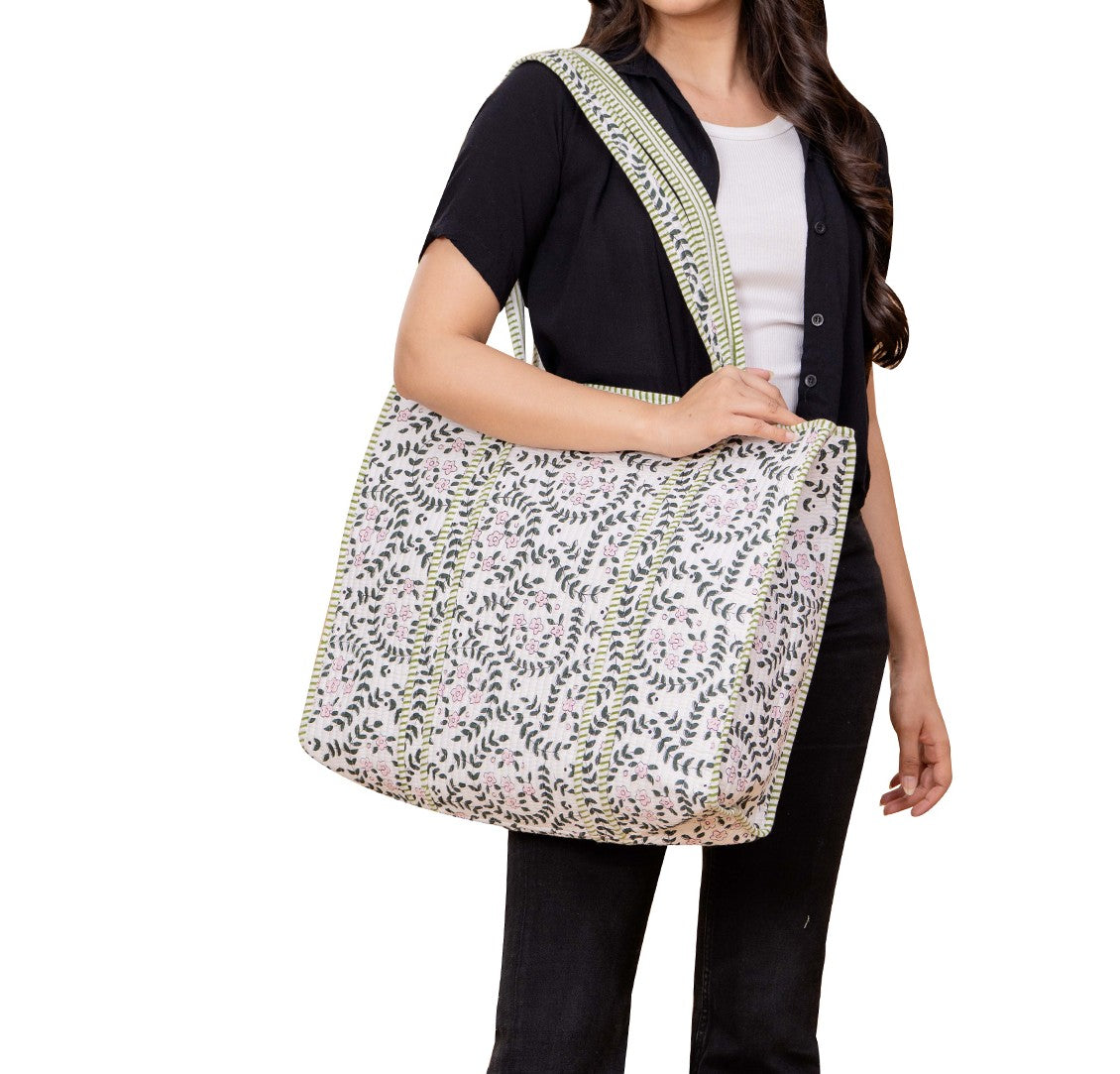 Quilted Cotton Handprinted Reversible Large Tote Bag for Sustainable Sturdy Grocery Shopping