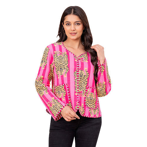 Pink Cotton Reversible Light Weight Quilted Short Jacket